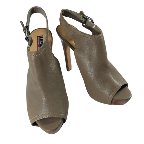 LUMIANI! TAUPE BROWN/GRAY VEGAN LEATHER STILETTO, PLATFORM, PEEP TOE HEELS! 10M - Picture 2 of 11